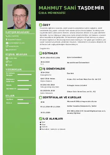 Gıda Mühendisi CV Örnekleri cv indir